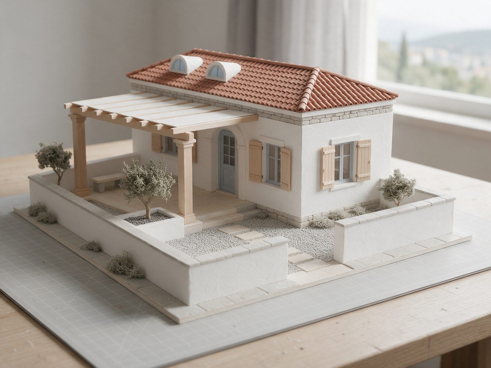 Bağ evinin karton ve ıhlamur ağacından maketi; pergola, avlu duvarı ve küçük zeytin ağaçları